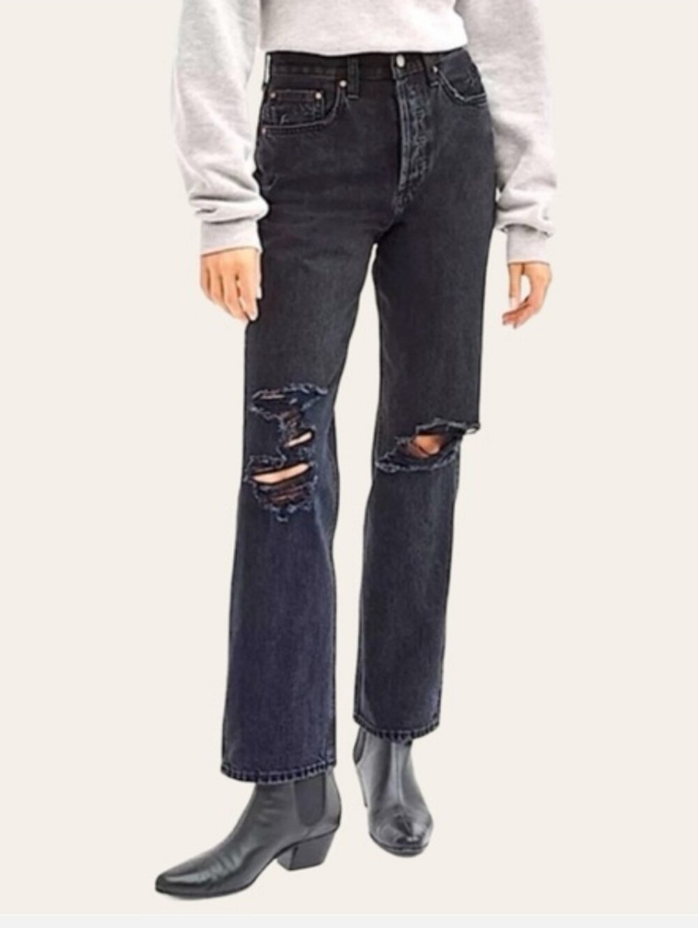 Denim Forum Black Distressed Straight-Leg Jeans Joni High Rise Loose 29L
